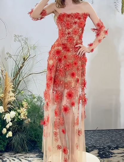 Gorgeous Strapless Red Prom Dress Appliques Sequins Sheath Formal Dress GG7223