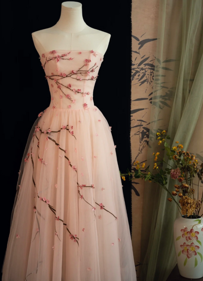 Chic Strapless Pink Prom Dress Tulle Appliques A-Line Formal Dress GG7225