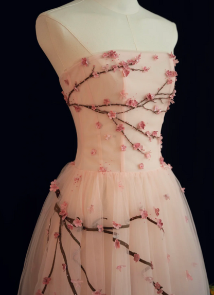 Chic Strapless Pink Prom Dress Tulle Appliques A-Line Formal Dress GG7225