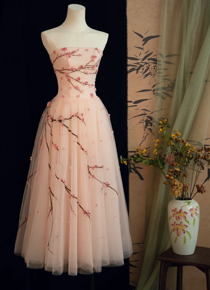 Chic Strapless Pink Prom Dress Tulle Appliques A-Line Formal Dress GG7225