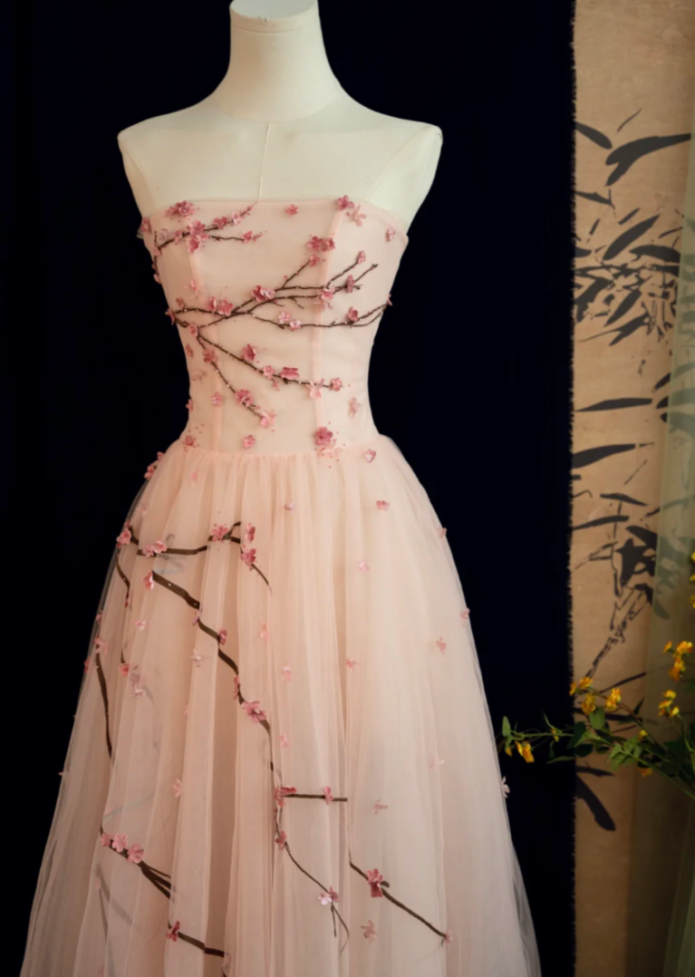 Chic Strapless Pink Prom Dress Tulle Appliques A-Line Formal Dress GG7225