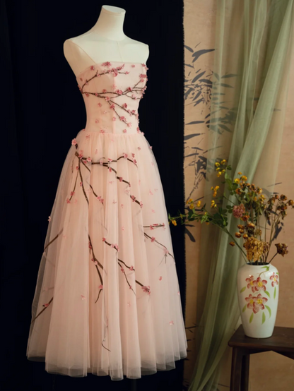 Chic Strapless Pink Prom Dress Tulle Appliques A-Line Formal Dress GG7225