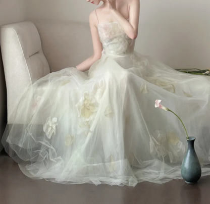 Romantic Spaghetti Straps Prom Dress Appliques Tulle A-Line Formal Dress GG7226