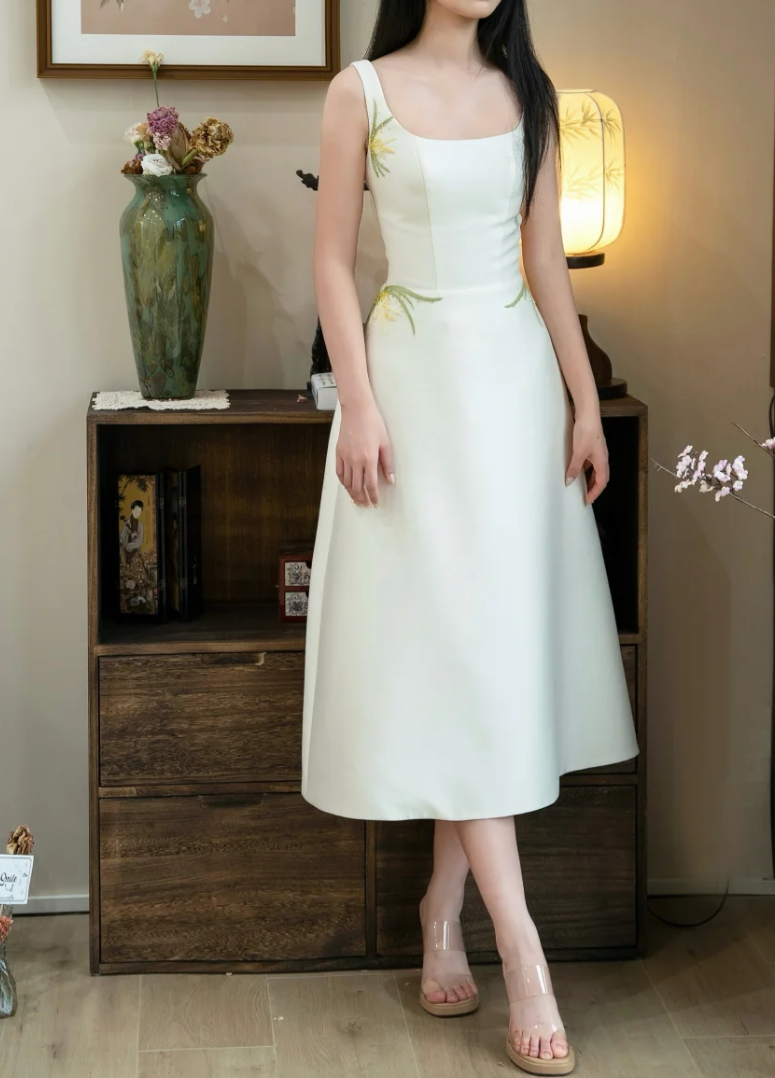 Retro Spaghetti Straps Sequins Prom Dress Embroidered Satin A-Line Formal Dress GG7227