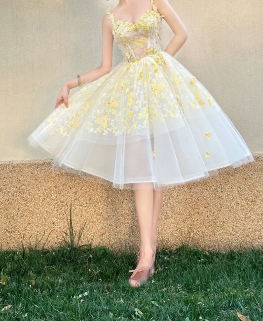 Glam Spaghetti Straps Yellow Homecoming Dress Floral Tulle A-Line Birthday Dress GG7228