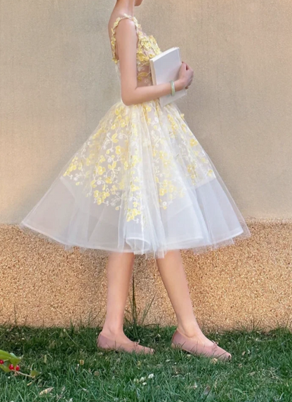 Glam Spaghetti Straps Yellow Homecoming Dress Floral Tulle A-Line Birthday Dress GG7228