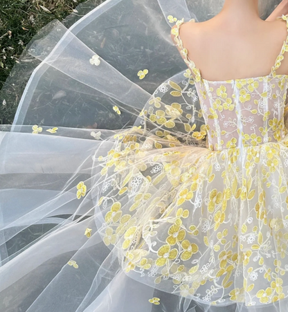 Glam Spaghetti Straps Yellow Homecoming Dress Floral Tulle A-Line Birthday Dress GG7228