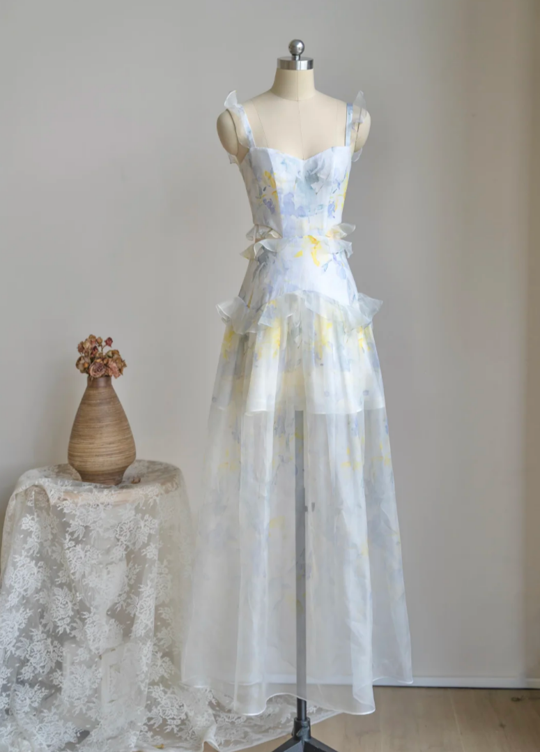 Ornate Spaghetti Straps Prom Dress Ruffles Floral A-Line Formal Dress GG7229