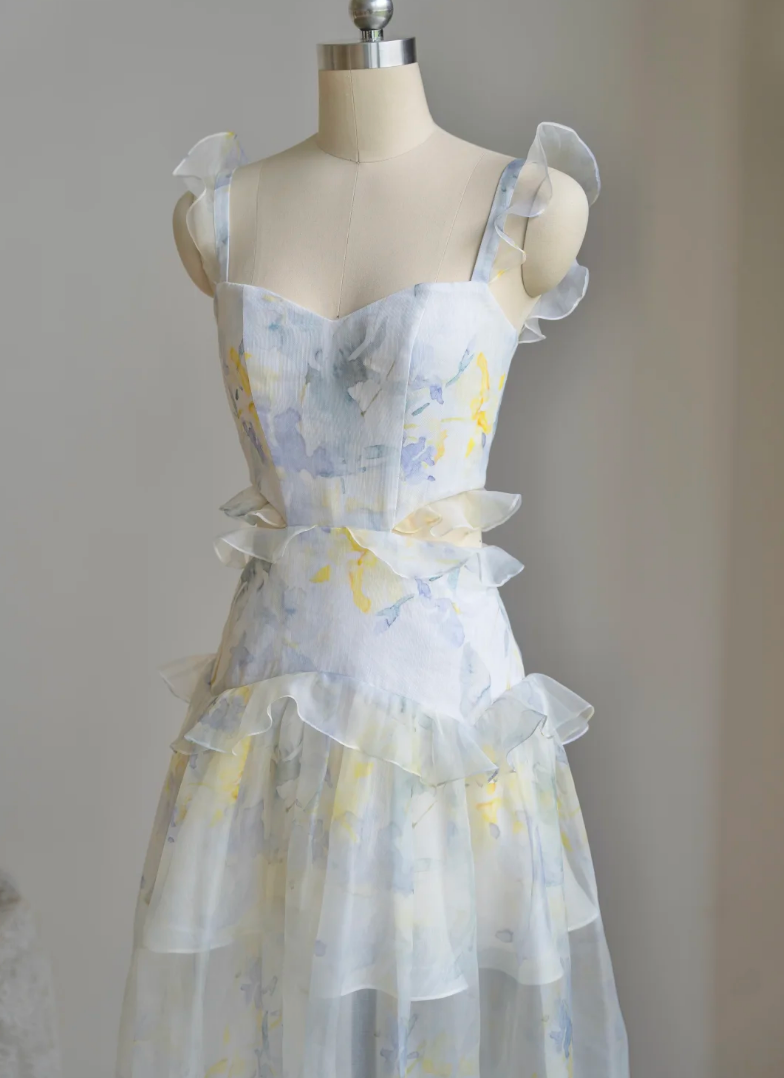Ornate Spaghetti Straps Prom Dress Ruffles Floral A-Line Formal Dress GG7229