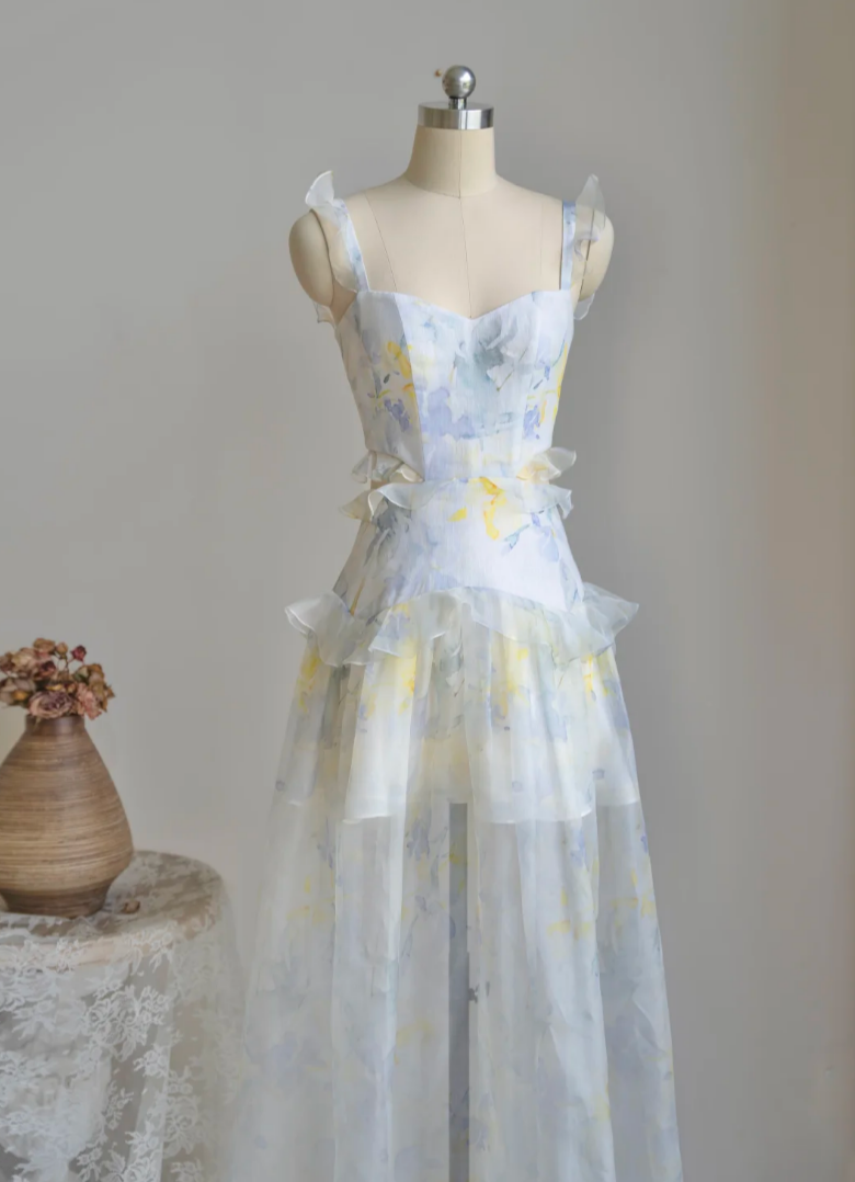 Ornate Spaghetti Straps Prom Dress Ruffles Floral A-Line Formal Dress GG7229
