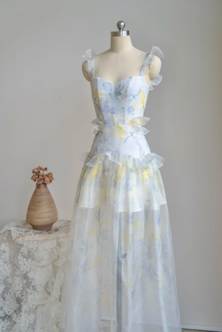 Ornate Spaghetti Straps Prom Dress Ruffles Floral A-Line Formal Dress GG7229