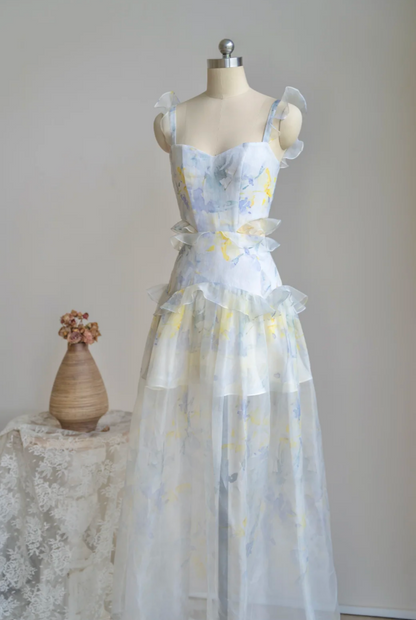 Ornate Spaghetti Straps Prom Dress Ruffles Floral A-Line Formal Dress GG7229