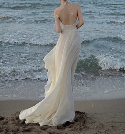 Gorgeous Halter Neck White Prom Dress Backless Appliques A-Line Formal Dress GG7233