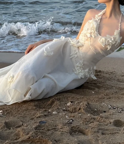 Gorgeous Halter Neck White Prom Dress Backless Appliques A-Line Formal Dress GG7233