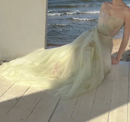 Flowy Spaghetti Straps Green Prom Dress Floral Tulle A-Line Formal Dress GG7234