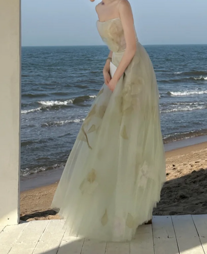 Flowy Spaghetti Straps Green Prom Dress Floral Tulle A-Line Formal Dress GG7234