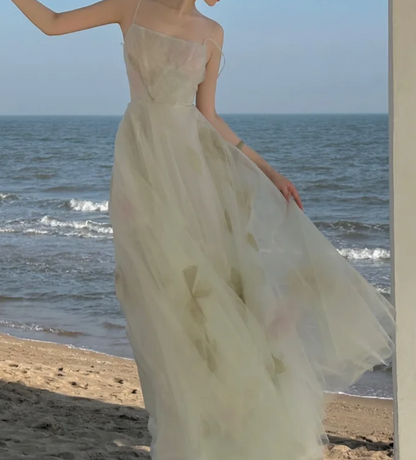 Flowy Spaghetti Straps Green Prom Dress Floral Tulle A-Line Formal Dress GG7234
