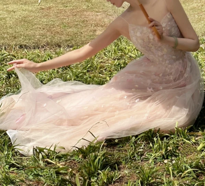 Sweet Spaghetti Straps Pink Prom Dress Appliques Tulle A-Line Formal Dress GG7237