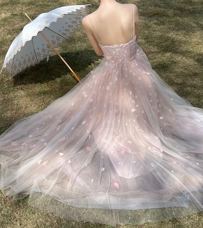 Sweet Spaghetti Straps Pink Prom Dress Appliques Tulle A-Line Formal Dress GG7237