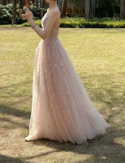 Sweet Spaghetti Straps Pink Prom Dress Appliques Tulle A-Line Formal Dress GG7237