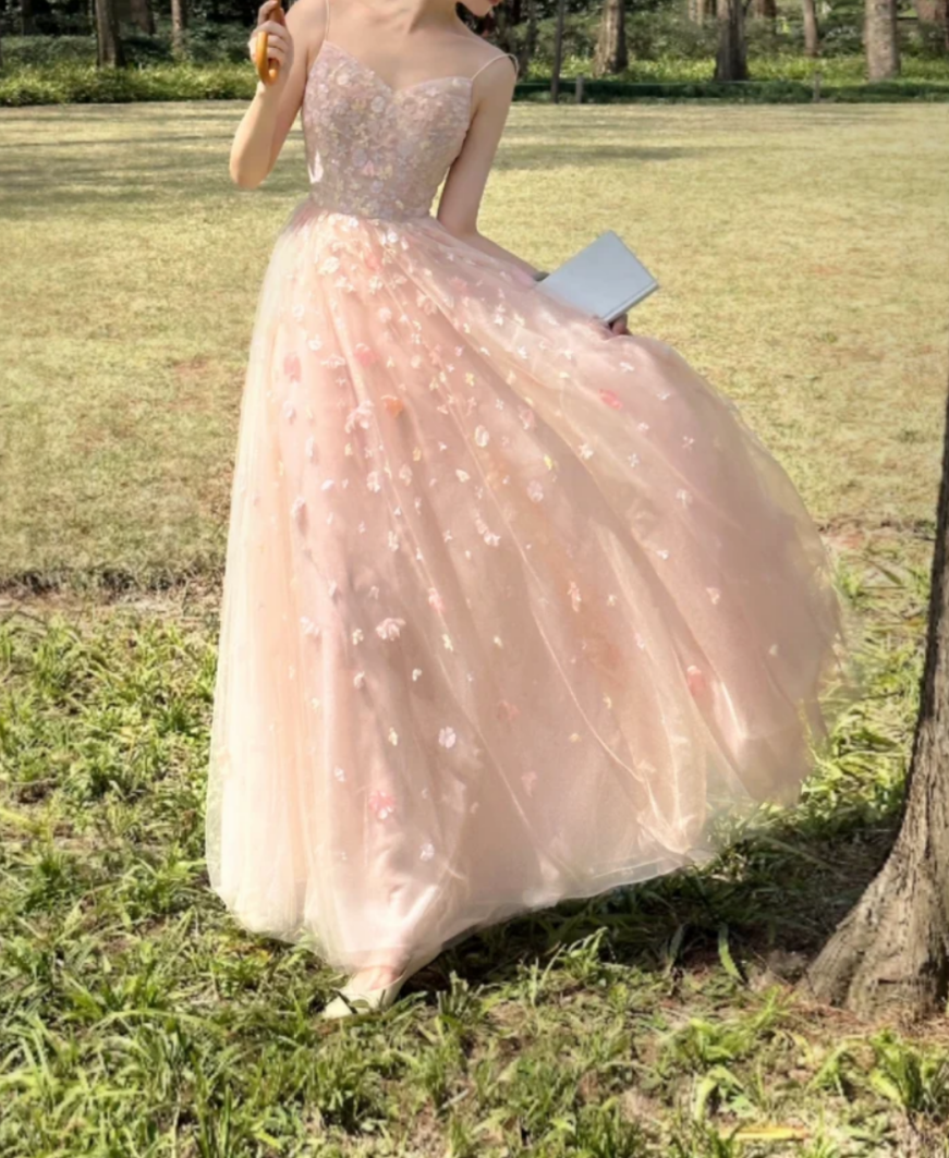 Sweet Spaghetti Straps Pink Prom Dress Appliques Tulle A-Line Formal Dress GG7237