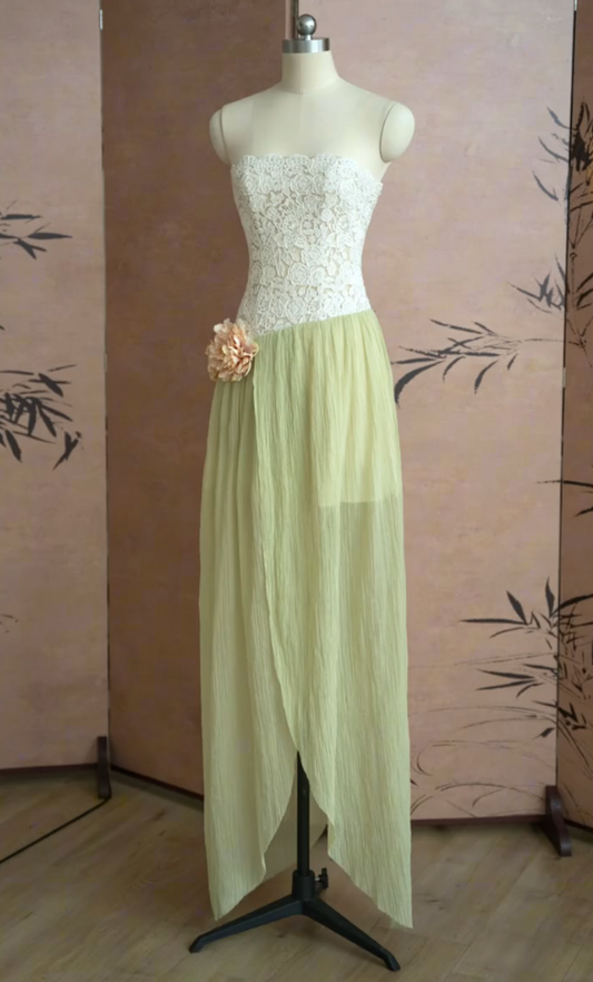 Cottagecore Strapless Green Prom Dress Lace Slit Sheath Formal Dress GG7239