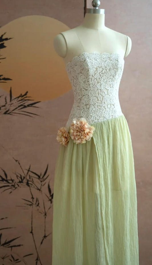 Cottagecore Strapless Green Prom Dress Lace Slit Sheath Formal Dress GG7239