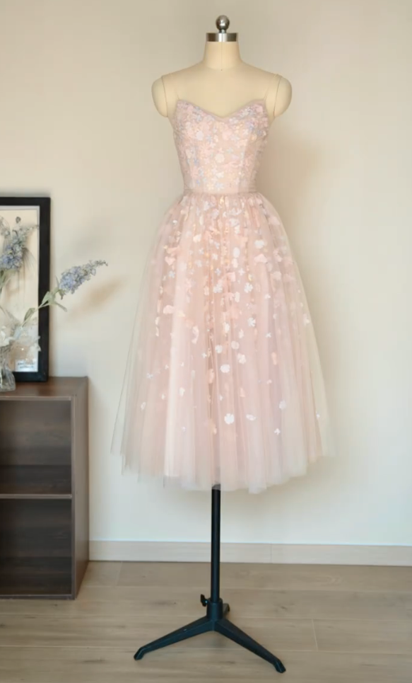Adorable Spaghetti Straps Pink Prom Dress Appliques Tulle A-Line Formal Dress GG7241