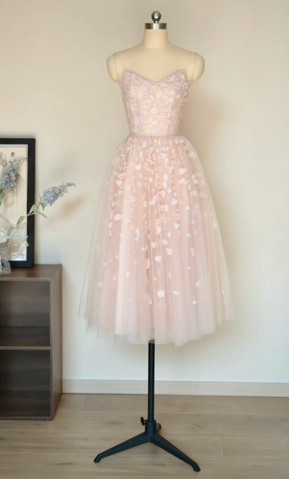 Adorable Spaghetti Straps Pink Prom Dress Appliques Tulle A-Line Formal Dress GG7241