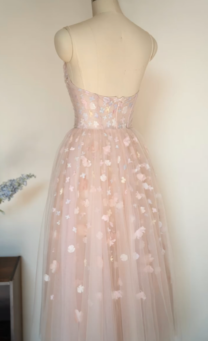 Adorable Spaghetti Straps Pink Prom Dress Appliques Tulle A-Line Formal Dress GG7241