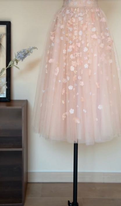 Adorable Spaghetti Straps Pink Prom Dress Appliques Tulle A-Line Formal Dress GG7241