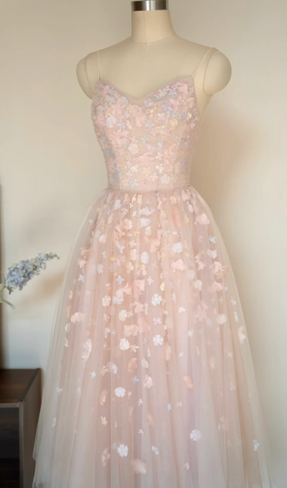 Adorable Spaghetti Straps Pink Prom Dress Appliques Tulle A-Line Formal Dress GG7241