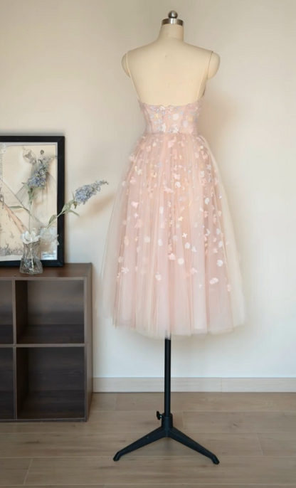 Adorable Spaghetti Straps Pink Prom Dress Appliques Tulle A-Line Formal Dress GG7241