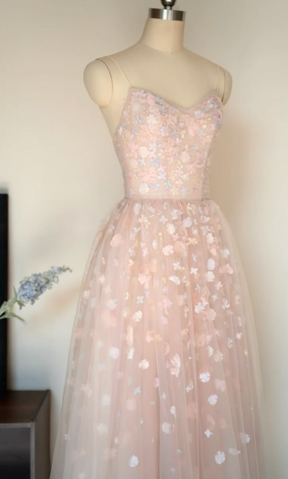 Adorable Spaghetti Straps Pink Prom Dress Appliques Tulle A-Line Formal Dress GG7241