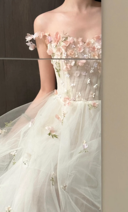 Vintage Spaghetti Straps White Prom Dress Appliques Tulle A-Line Formal Dress GG7243