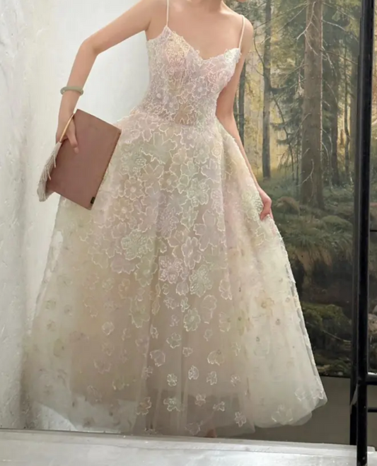 Cottagecore Spaghetti Straps Prom Dress Appliques A-Line Formal Dress GG7244