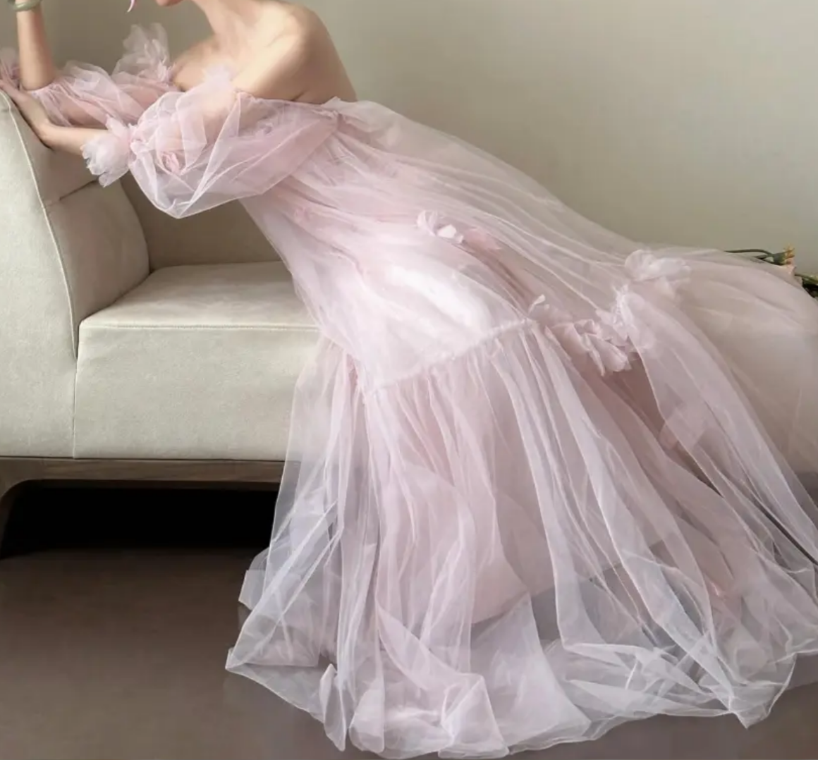 Dreamy Off-Shoulder Floral Prom Dress Pink Tulle A-Line Formal Dress GG7245