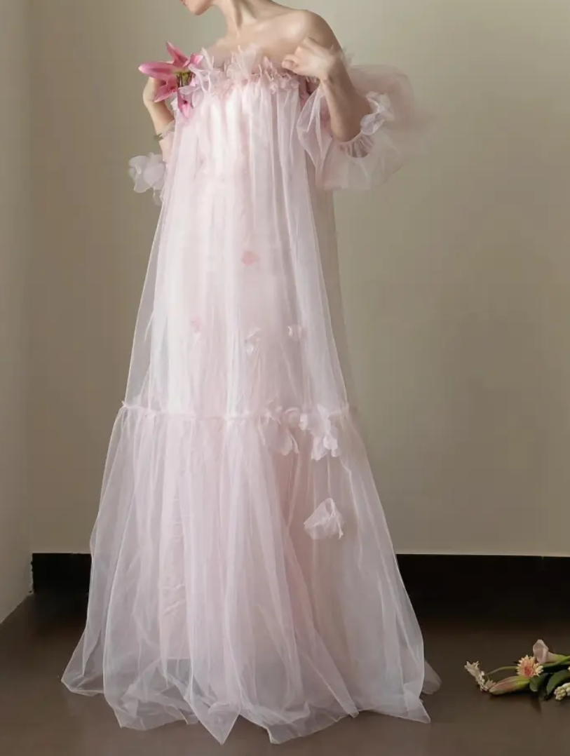 Dreamy Off-Shoulder Floral Prom Dress Pink Tulle A-Line Formal Dress GG7245