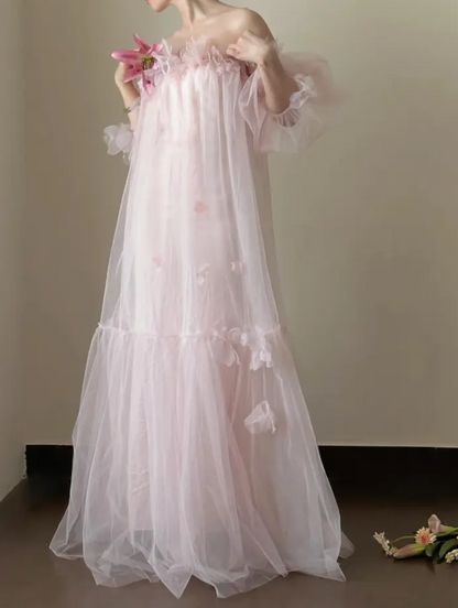 Dreamy Off-Shoulder Floral Prom Dress Pink Tulle A-Line Formal Dress GG7245