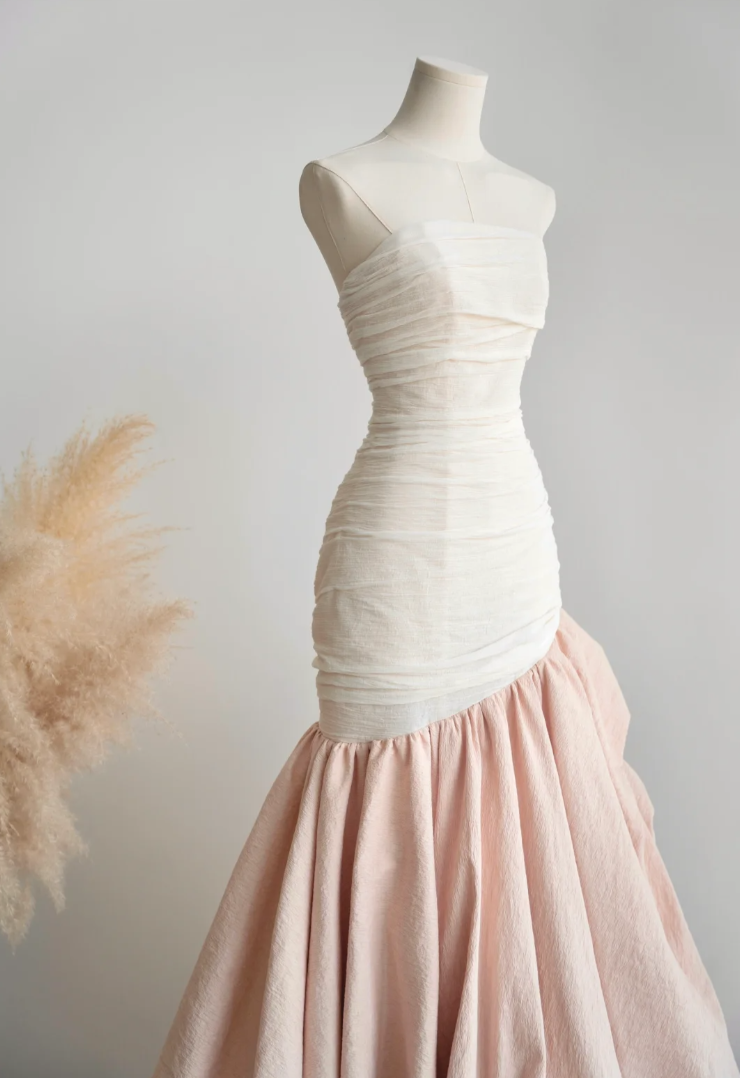 Glam Strapless White & Pink Wedding Dress Ruched Mermaid Bridal Dress GG7246