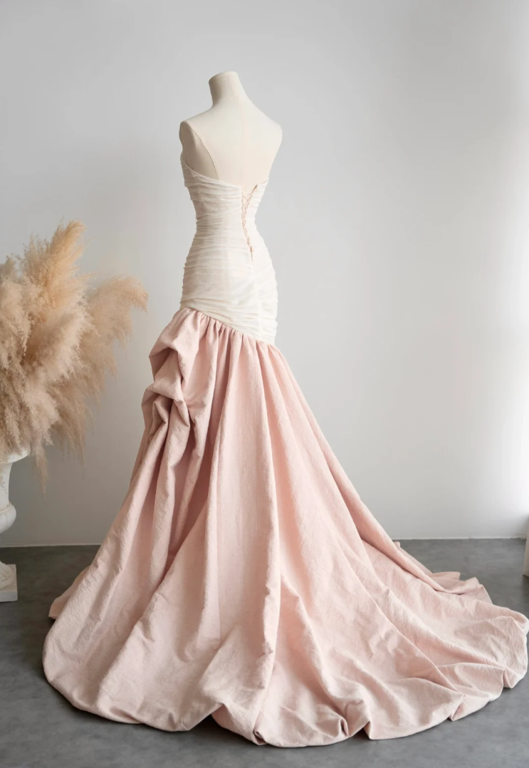 Glam Strapless White & Pink Wedding Dress Ruched Mermaid Bridal Dress GG7246
