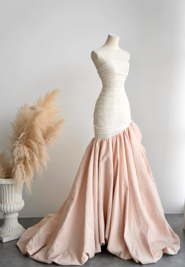 Glam Strapless White & Pink Wedding Dress Ruched Mermaid Bridal Dress GG7246