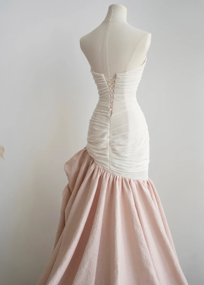 Glam Strapless White & Pink Wedding Dress Ruched Mermaid Bridal Dress GG7246