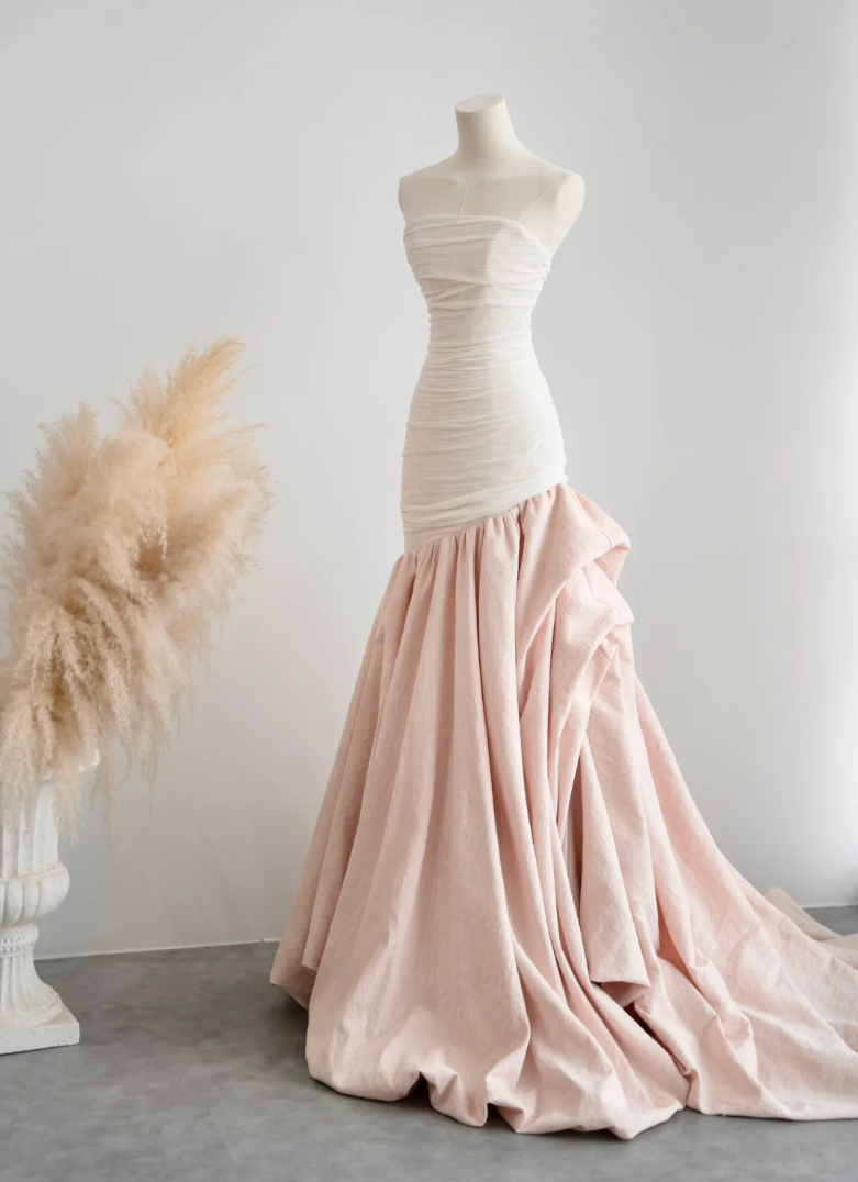Glam Strapless White & Pink Wedding Dress Ruched Mermaid Bridal Dress GG7246