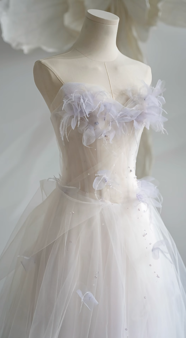 Dreamy Strapless Pastel Purple Prom Dress Appliques Tulle A-Line Formal Dress GG7248