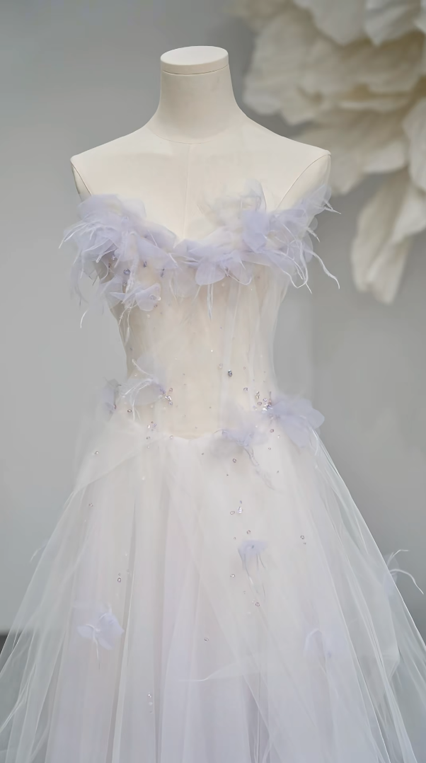 Dreamy Strapless Pastel Purple Prom Dress Appliques Tulle A-Line Formal Dress GG7248