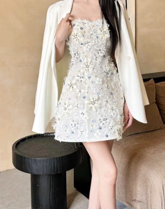 Unique Strapless White Homecoming Dress Appliques A-Line Birthday Dress GG7249