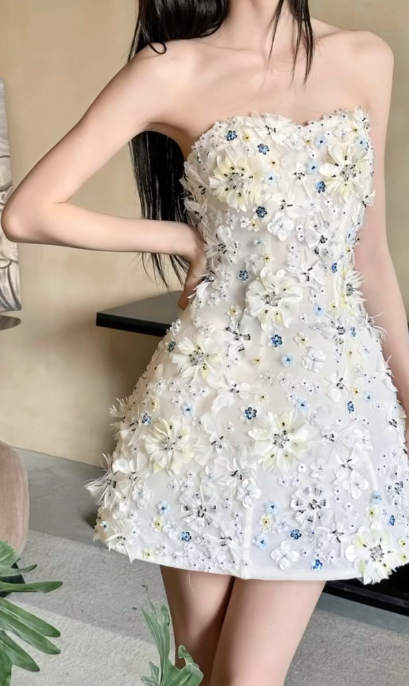 Unique Strapless White Homecoming Dress Appliques A-Line Birthday Dress GG7249