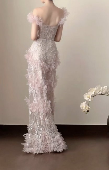Sweet Pastel Pink Sequins Prom Dress Appliques Beading Mermaid Formal Dress GG7251