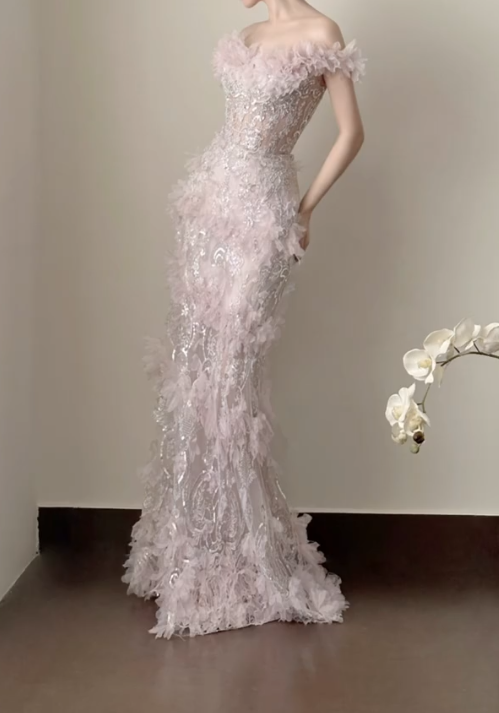 Sweet Pastel Pink Sequins Prom Dress Appliques Beading Mermaid Formal Dress GG7251